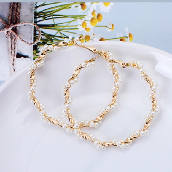 Lulu's Unique Pearl Twisted Boho Hoop Earrings - Picture 2 of 7